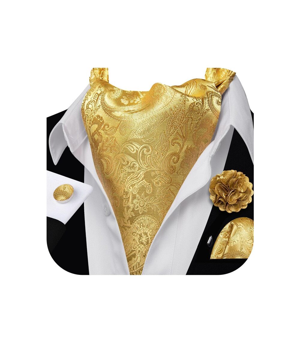 4533 Ascot Tie Cravat Set Paisley Gold Scarf Neckties Pocket Square